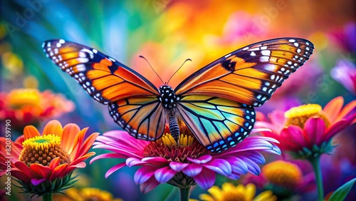 A close-up of a colorful butterfly resting on a blooming flower, painted with vibrant watercolor hues