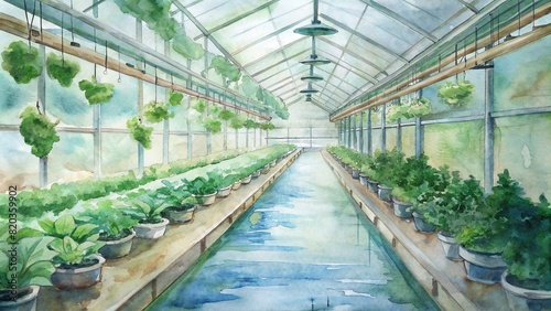 A modern greenhouse filled with rows of lush green plants, equipped with automated irrigation systems and environmental sensors monitoring soil moisture and temperature