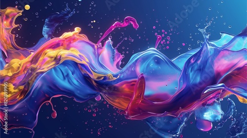 Rainbow color splash background, fluid shapes, liquid forms, hyperrealistic water textures, colorful splashes, dark blue background, artistic style, digital art,Generative AI illustration. © naphat