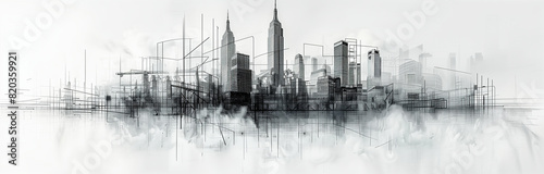Black and white line architectural drawing with many towers made of interlocking pieces on a white background.