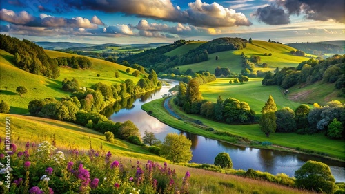 A peaceful countryside scene with rolling hills and a winding river  bordered by lush greenery and wildflowers