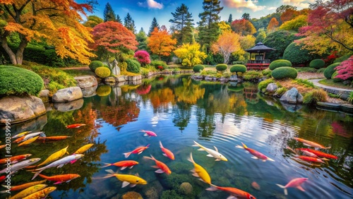 A tranquil pond in a Japanese garden  with koi fish swimming gracefully among lily pads and colorful foliage