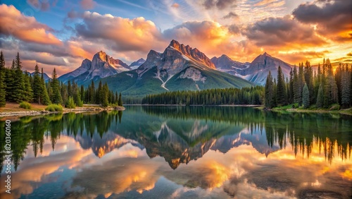 A tranquil lake nestled among towering mountains, reflecting the surrounding peaks and the soft hues of the dawn sky