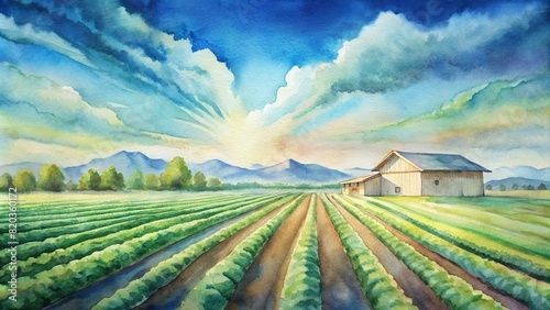 An expansive smart farm under a clear blue sky, with rows of crops stretching into the distance