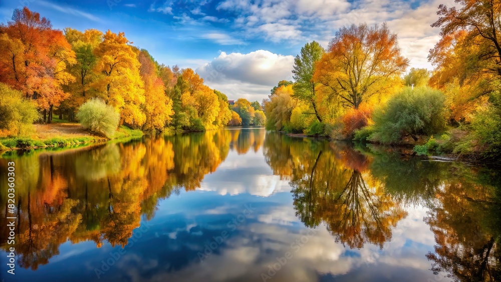 A peaceful riverside scene with colorful autumn leaves adorning the trees, reflected in the calm waters below, under a soft, hazy sky.