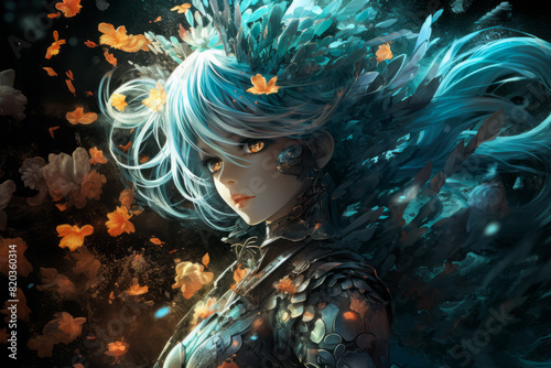 In the scene, a young woman with flowing blue hair is enclosed by a cluster of vibrant leaves, creating an enchanting atmosphere around her