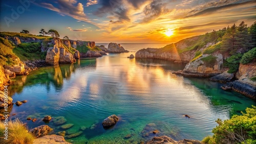 A serene coastal inlet with calm waters, bordered by rugged cliffs and bathed in the warm light of the setting sun photo