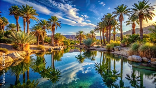 A peaceful desert oasis with palm trees and a shimmering pool of water, providing a welcome respite from the arid landscape. photo