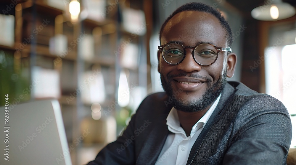 portrait of a happy businessman on a laptop in the office, focused on finance, budget reports portrait of a happy businessman on a laptop in the office, focused on finance, budget reports