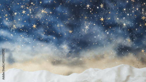 A serene Christmas scene with snow and stars in the sky, featuring clouds, calmness, patterns, an artistic landscape, and an electric blue hue