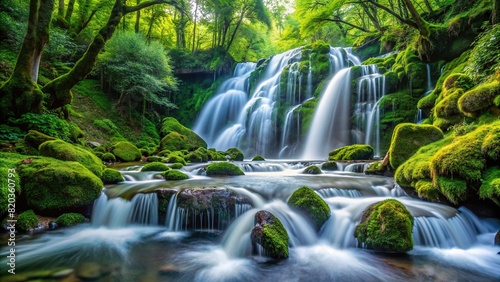 A cascading waterfall tumbles gracefully down moss-covered rocks, its pristine waters creating a soothing melody amidst the tranquil forest surroundings