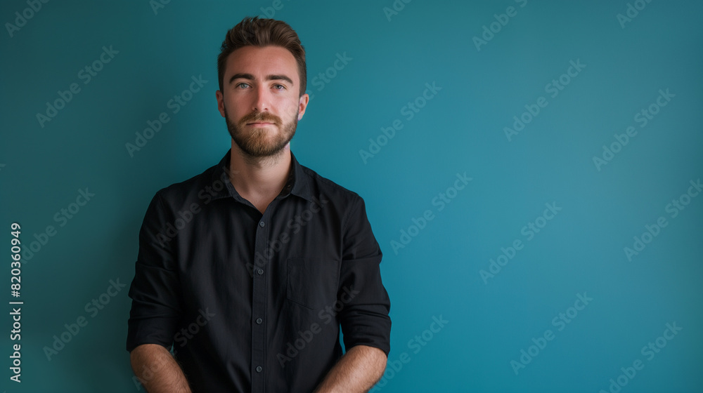 portrait of a man in black shirt standing against blue wall portrait of a man in black shirt standing against blue wall