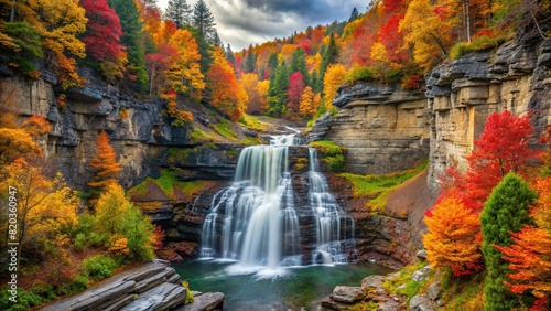 A secluded waterfall cascading down rugged cliffs, framed by colorful autumn foliage.