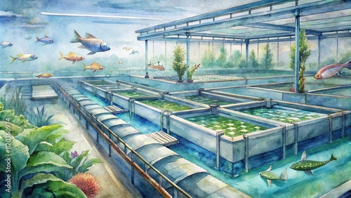 A panoramic view of a smart aquaponics farm, showcasing the symbiotic relationship between fish and plants in a controlled environment, powered by renewable energy photo