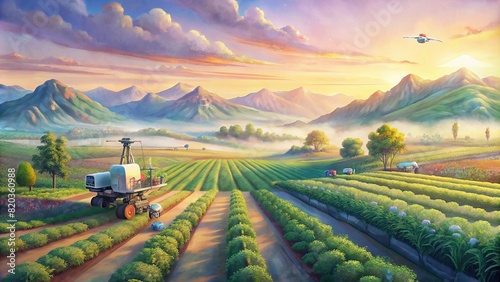 A panoramic view of a smart agriculture landscape at sunset, with automated machinery tending to crops in a harmonious blend of technology and nature photo