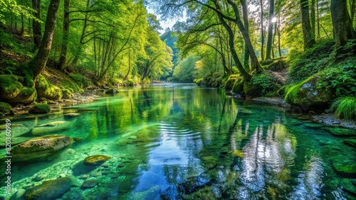 Crystal clear stream winding through a lush forest  reflecting the vibrant greenery above.