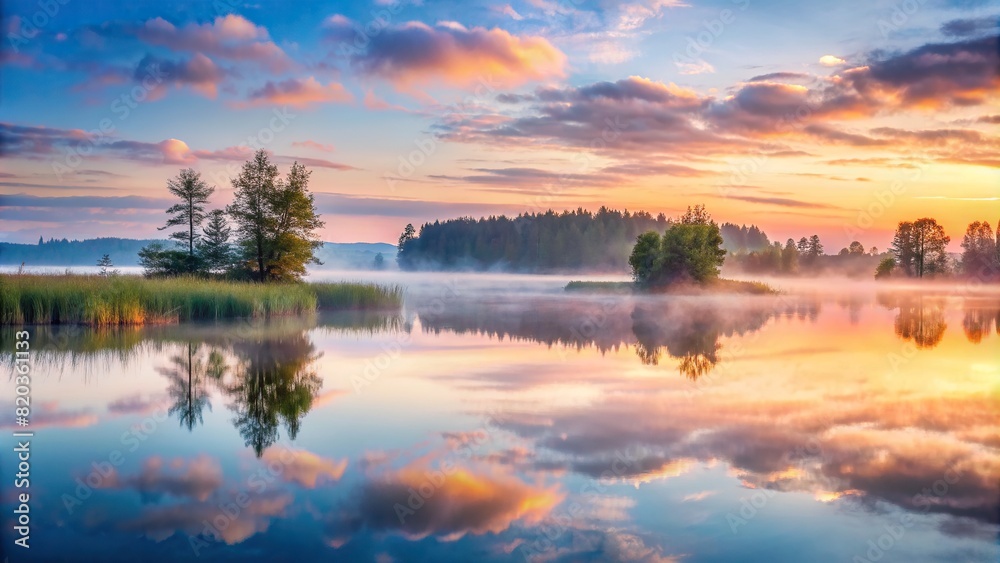 A tranquil scene of a mist-covered lake at dawn, painted in delicate watercolors, where the stillness of the water reflects the soft hues of the morning sky