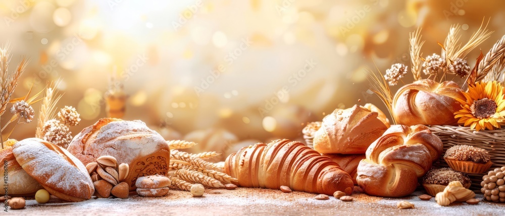 A variety of fresh bread and baked goods on a rustic table with a warm, golden background, perfect for bakery and homemade food themes. A variety of fresh bread and baked goods on a rustic table with a warm, golden background, perfect for bakery and homemade food themes.