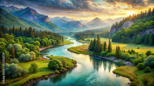 A serene view of a winding river meandering through a lush valley  painted in soft watercolors  capturing the timeless beauty of nature s flow