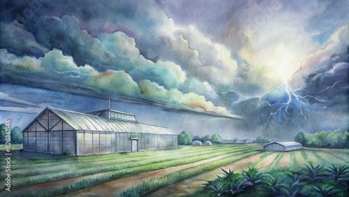 An atmospheric image of a smart agriculture facility under stormy skies, symbolizing the resilience of modern farming methods in the face of adversity photo