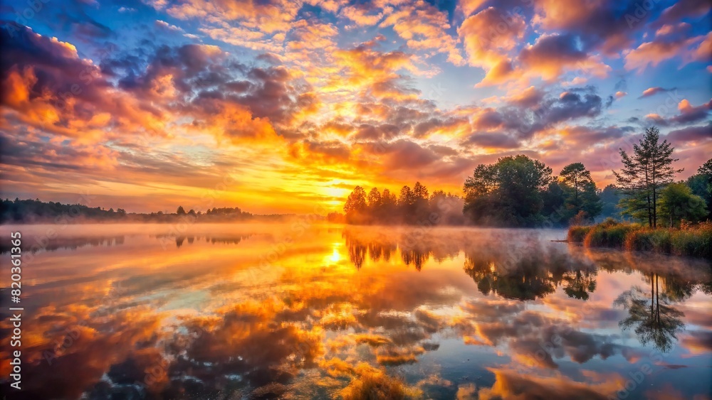 A breathtaking sunrise over a misty, tranquil lake, casting warm hues across the sky and water