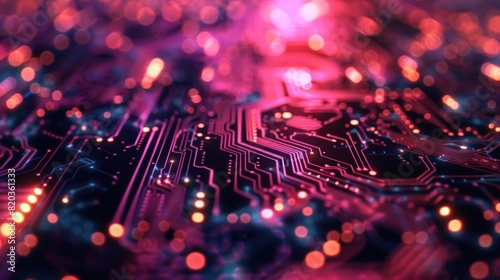Circuit board background with glowing lights and circuit patterns.