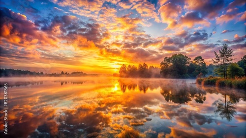 A breathtaking sunrise over a misty, tranquil lake, casting warm hues across the sky and water © prasit