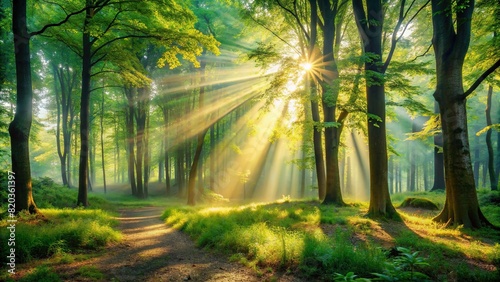 A tranquil forest clearing with sunlight filtering through the leaves  creating a magical atmosphere.