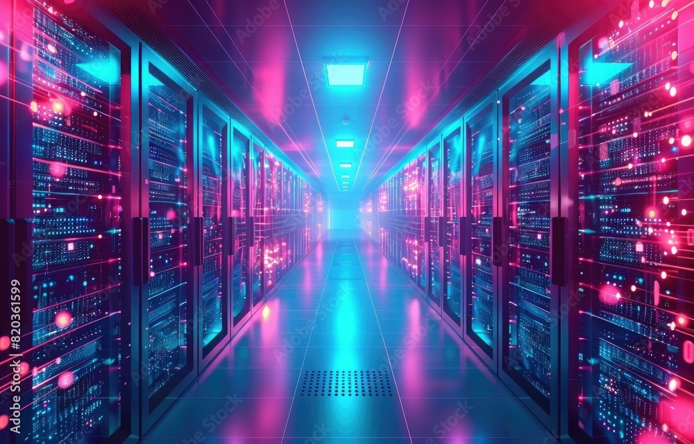 Abstract futuristic background with a glowing data center, server room interior. Digital technology concept