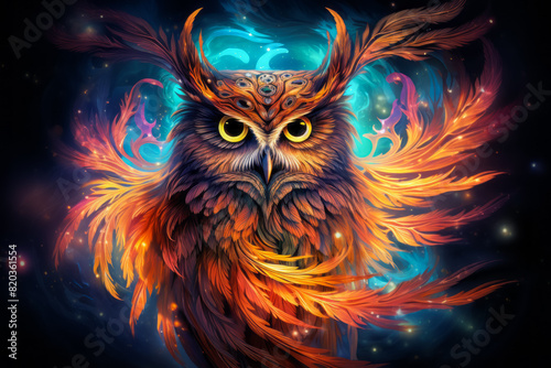 An electric blue owl with yellow eyes is engulfed in swirling flames, creating a striking contrast of colors and elements in this imaginative artwork