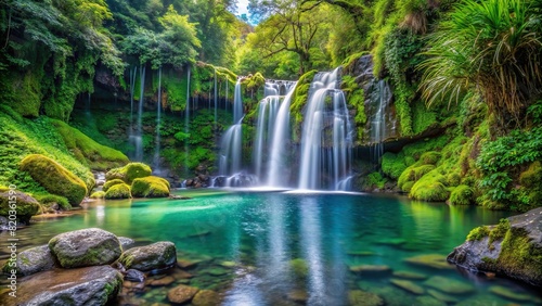 A secluded waterfall cascading down moss-covered rocks into a crystal-clear pool below  surrounded by lush foliage
