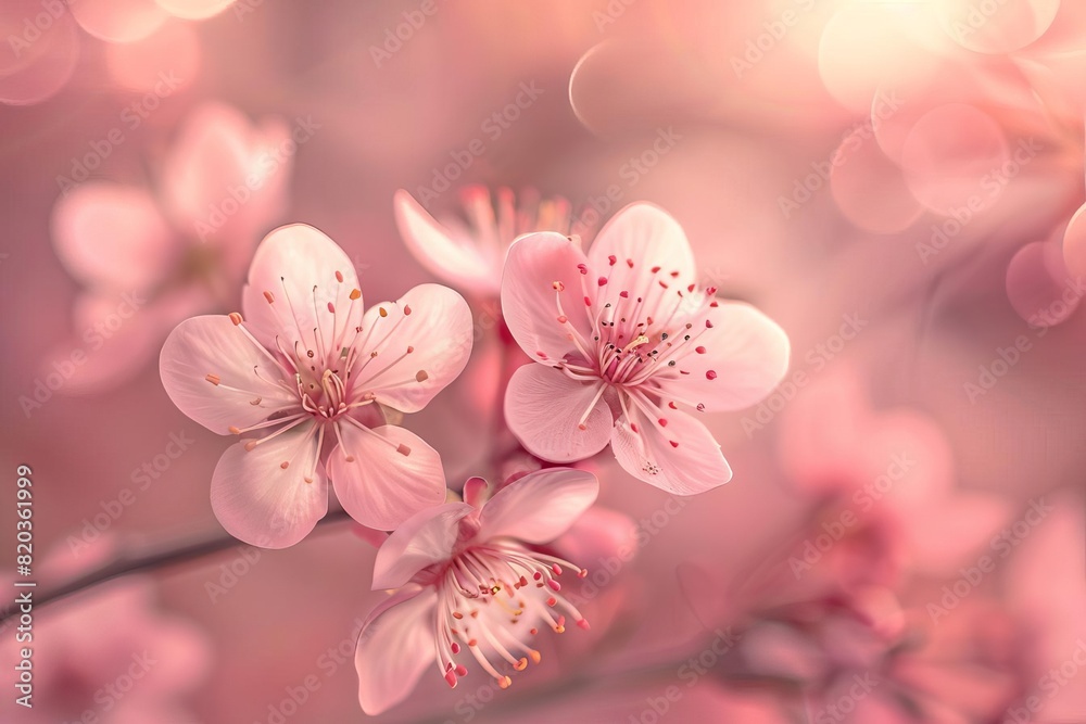 closeup of delicate pink cherry blossom flowers on blurred bokeh background floral photography