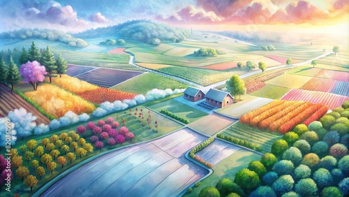 A vibrant aerial view of a smart farm in full bloom, showcasing the colorful tapestry of crops cultivated using advanced agricultural techniques