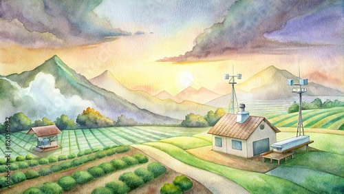 A picturesque smart farm nestled in a valley, where advanced weather monitoring stations help farmers make informed decisions for crop management photo