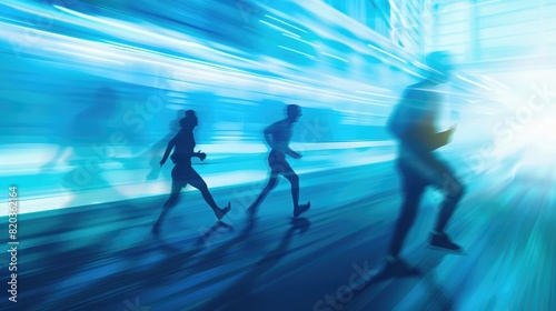 Business people running on abstract background with motion blur and speed lines, concept of competition in business world, dynamic composition, blue color theme