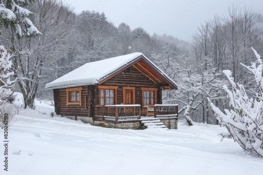 cozy rustic cabin in a snowy winter landscape holidays and vacation concept cozy rustic cabin in a snowy winter landscape holidays and vacation concept