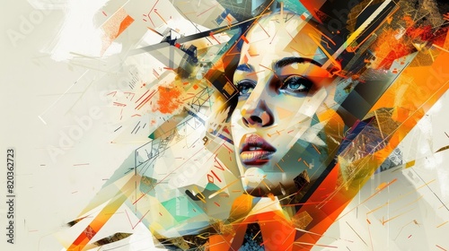 Abstract portrait of a beautiful woman with geometric shapes and digital elements, showcasing the fusion between art and technology