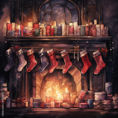 A cozy fireplace adorned with festive Christmas stockings and glowing candles, creating a warm and inviting atmosphere for the holiday season