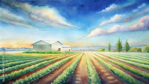 An expansive smart farm under a clear blue sky  with rows of crops stretching into the distance