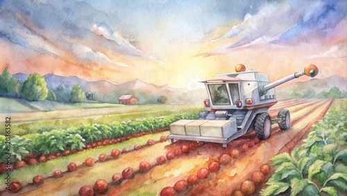 An automated harvesting machine in action on a smart farm  efficiently collecting ripe crops with precision and speed