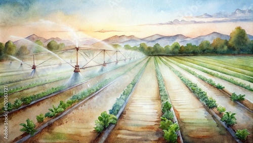 Rows of crops being irrigated automatically by a smart irrigation system, conserving water resources photo
