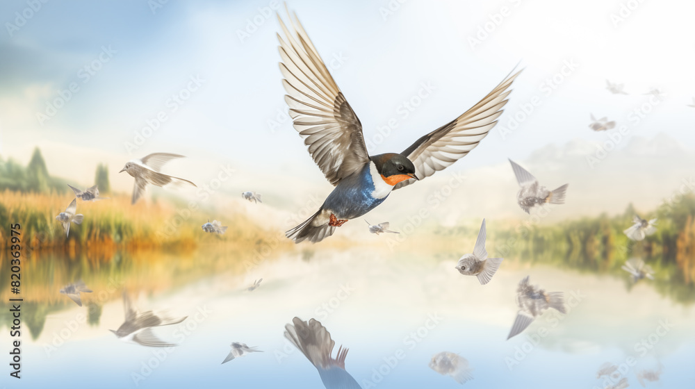 Fototapeta premium Double Exposure White Background Barn Swallow illustration ~ Created using Generative AI