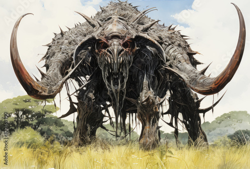 In the field stands a mighty creature with towering horns. The natural landscape is serene as the creature reigns over the grassland, a stunning sight of natures artistry