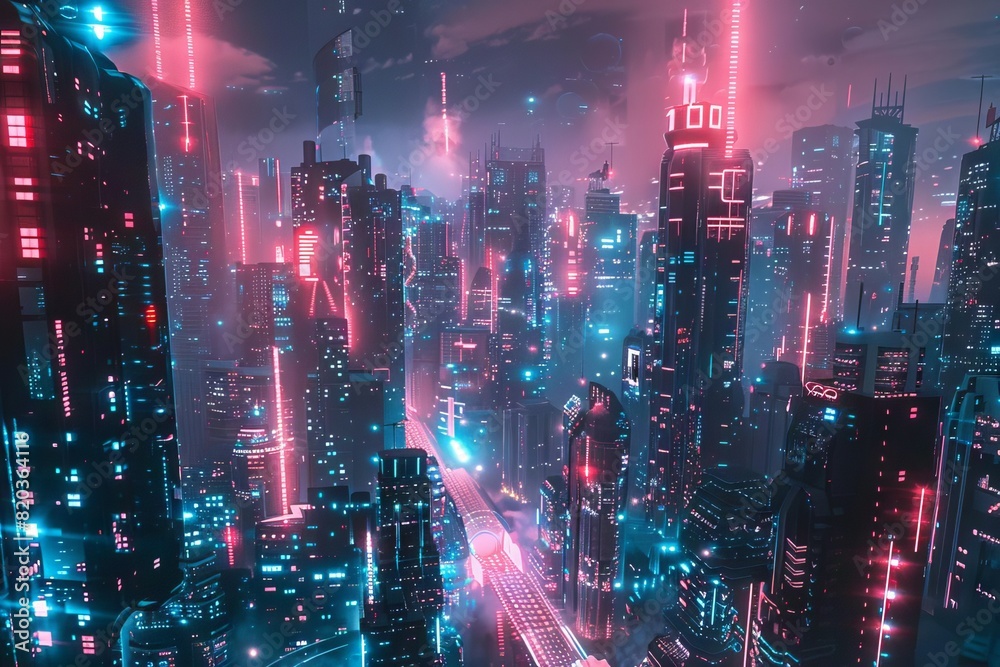 futuristic cyberpunk city with glowing neon lights dystopian scifi concept