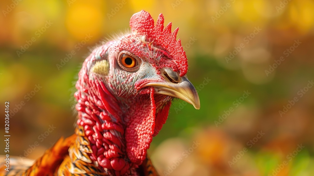 Close-up of vibrant rooster with detailed feathers against blurred autumn backdrop Close-up of vibrant rooster with detailed feathers against blurred autumn backdrop