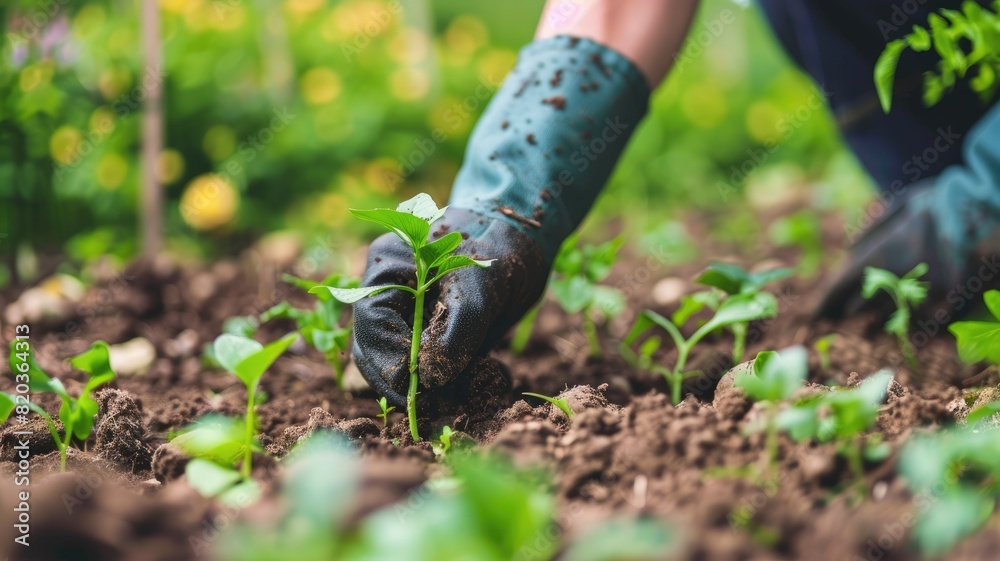 Person planting small plant in soil with gloved hand Person planting small plant in soil with gloved hand