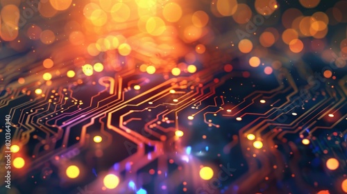 Circuit board background with glowing lights and circuit patterns.