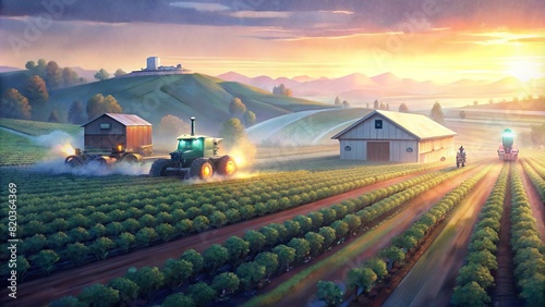 A peaceful scene of a smart farm at dusk, with soft golden light illuminating the fields where advanced machinery operates autonomously to tend to the crops photo