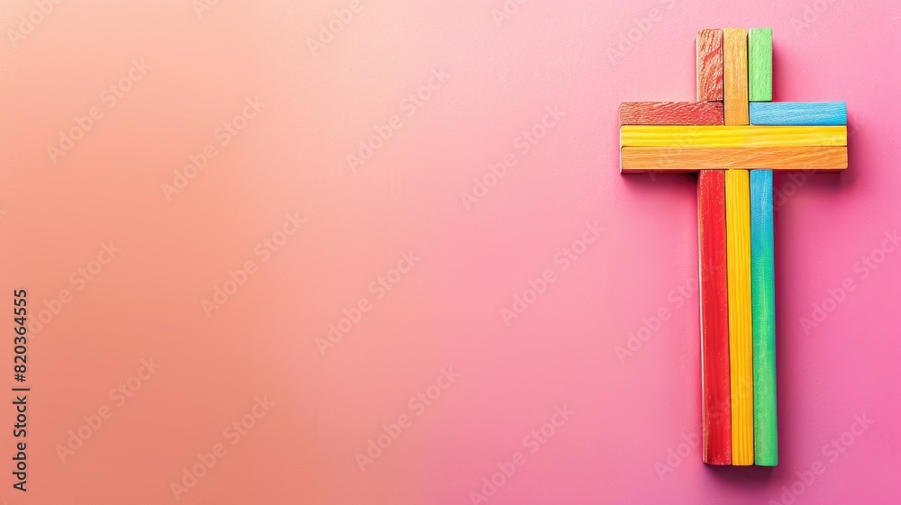 Colorful wooden cross against pink background Colorful wooden cross against pink background