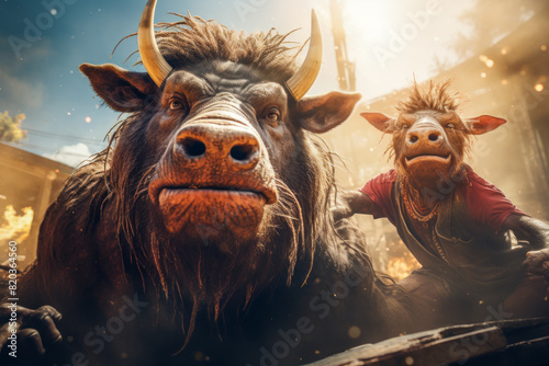 In the cartoon, there are two bulls standing together. They are depicted with artistic adaptation, showcasing their horns, snouts, and terrestrial animal features